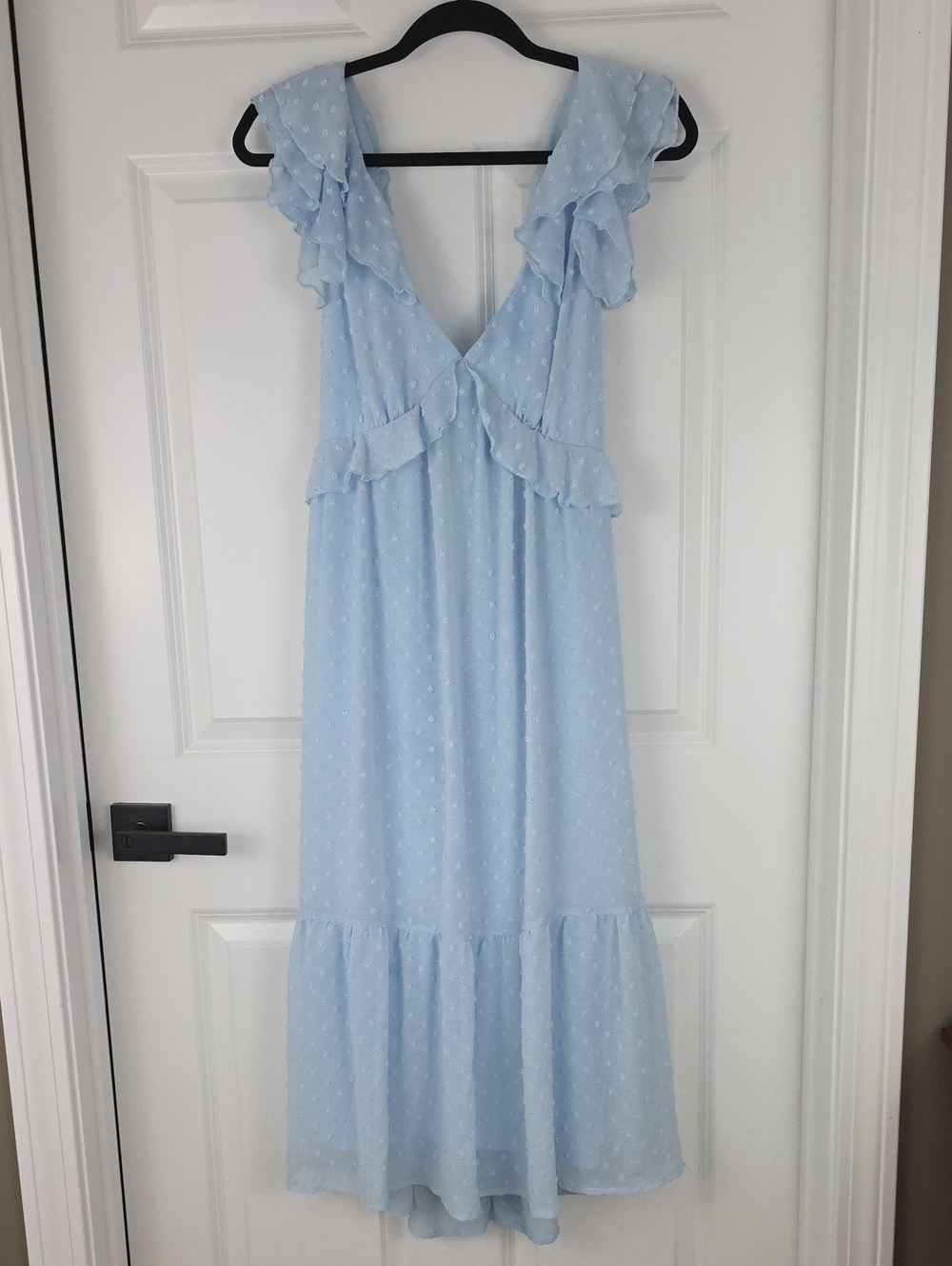 Trixxi Baby doll Powder Blue Swiss Dot Ruffle Open Back Midi Dress. Size Large.